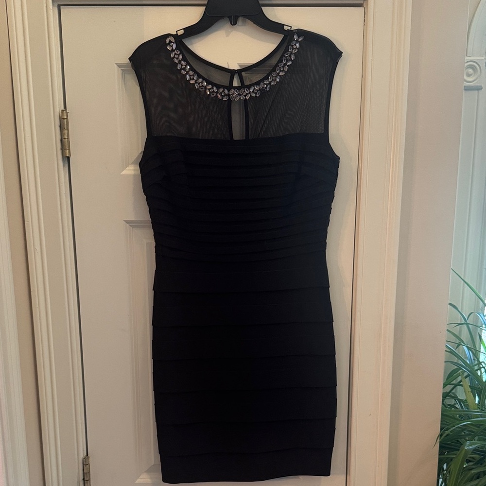 Xscape Black Mini Dress with Embellished Neckline